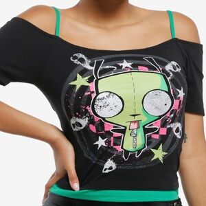 Black Off-Shoulder invader Zim Green Accents